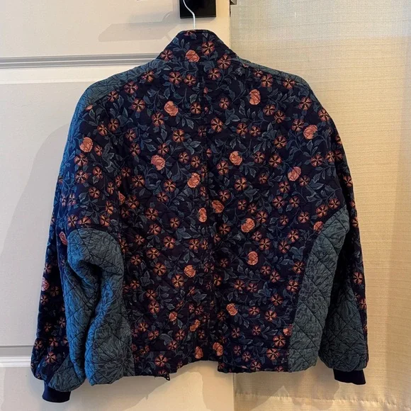 Anthropologie Quilted Floral Navy Jacket with Pink Rose Accents - Picture 2 of 2
